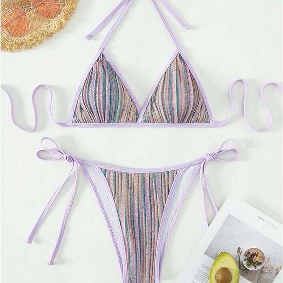 Pastel Mermaidcore Barbiecore Striped Metallic Halter Triangle Bikini - Picture 3 of 9